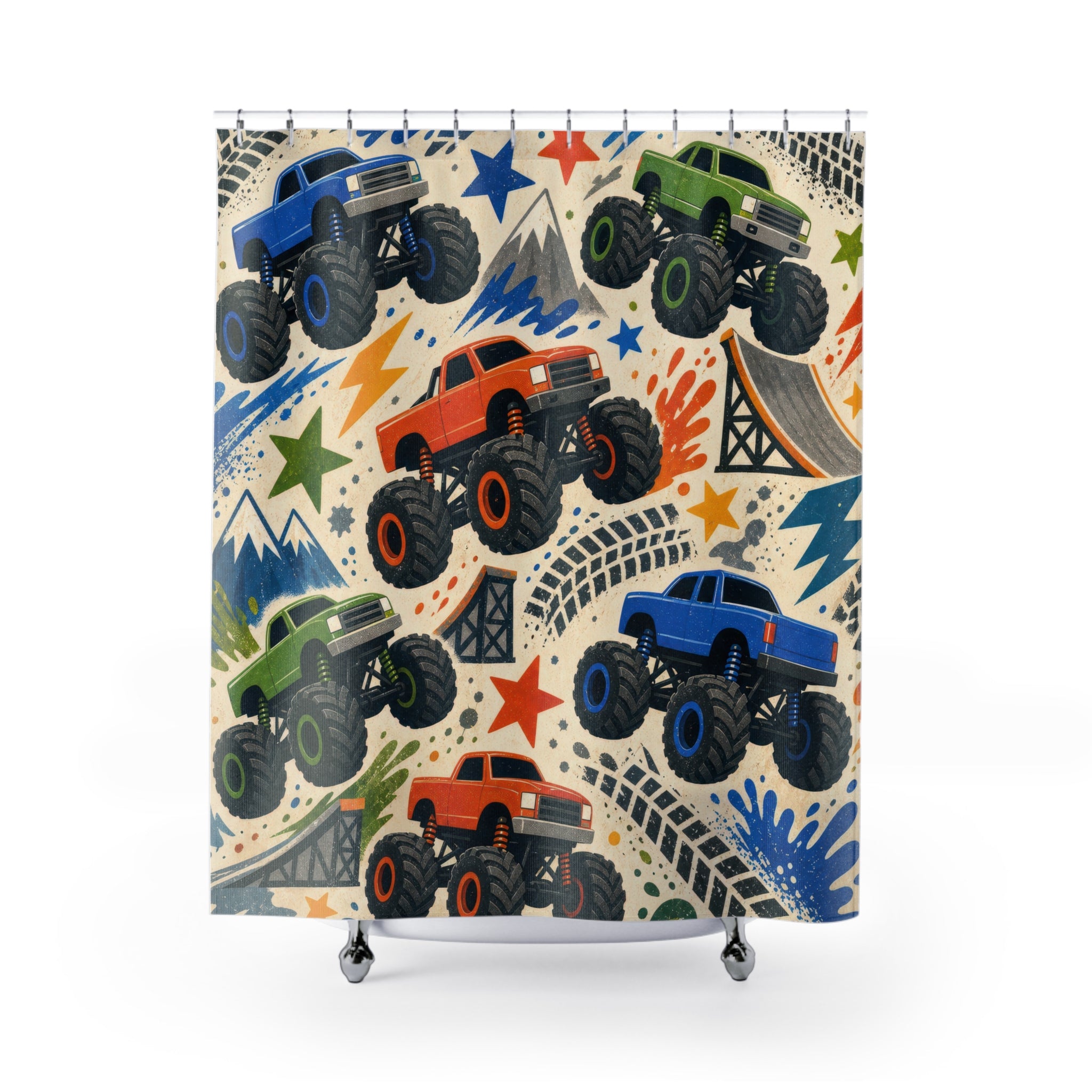 Monster Truck Shower Curtain, Off Road Vehicle Bathroom Decor, Tire Track Bath Curtain, Big Truck Kids Bathroom Art, Boys Bath Decor