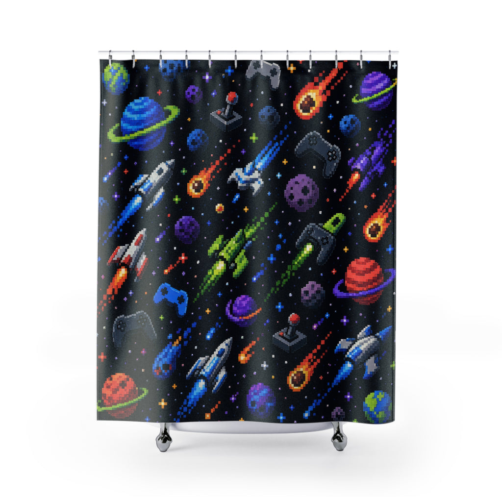 Dark Space Shower Curtain, Kids Bathroom Decor, Rocket Planet Bath Curtain, Boys Bathroom Decor, Gaming Space Pattern, Bath Decor, Style