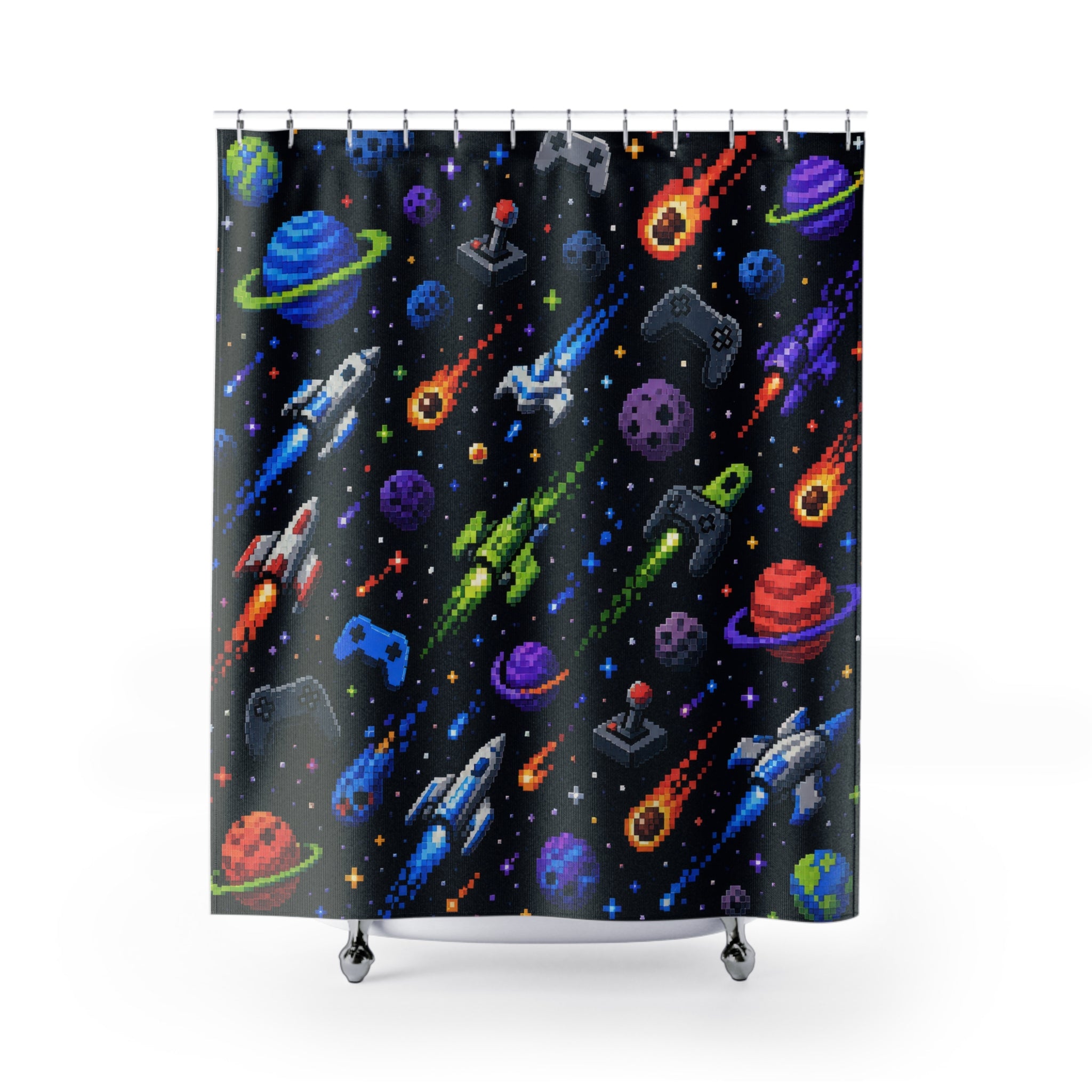 Dark Space Shower Curtain, Kids Bathroom Decor, Rocket Planet Bath Curtain, Boys Bathroom Decor, Gaming Space Pattern, Bath Decor, Style