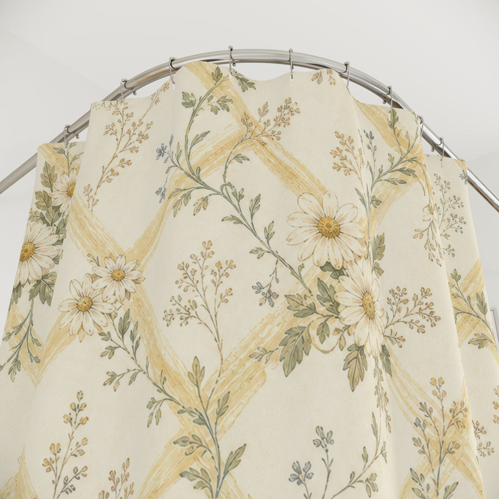 Yellow Floral Lattice Farmhouse Shower Curtain