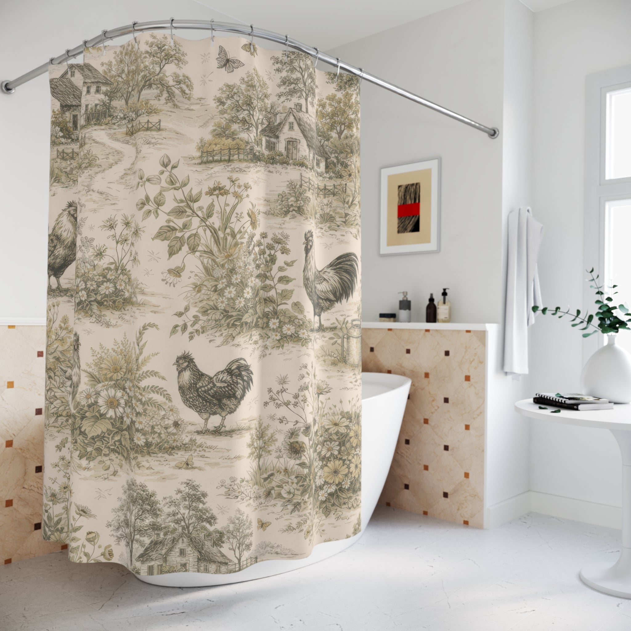 French Toile Shower Curtain – Beige Landscape