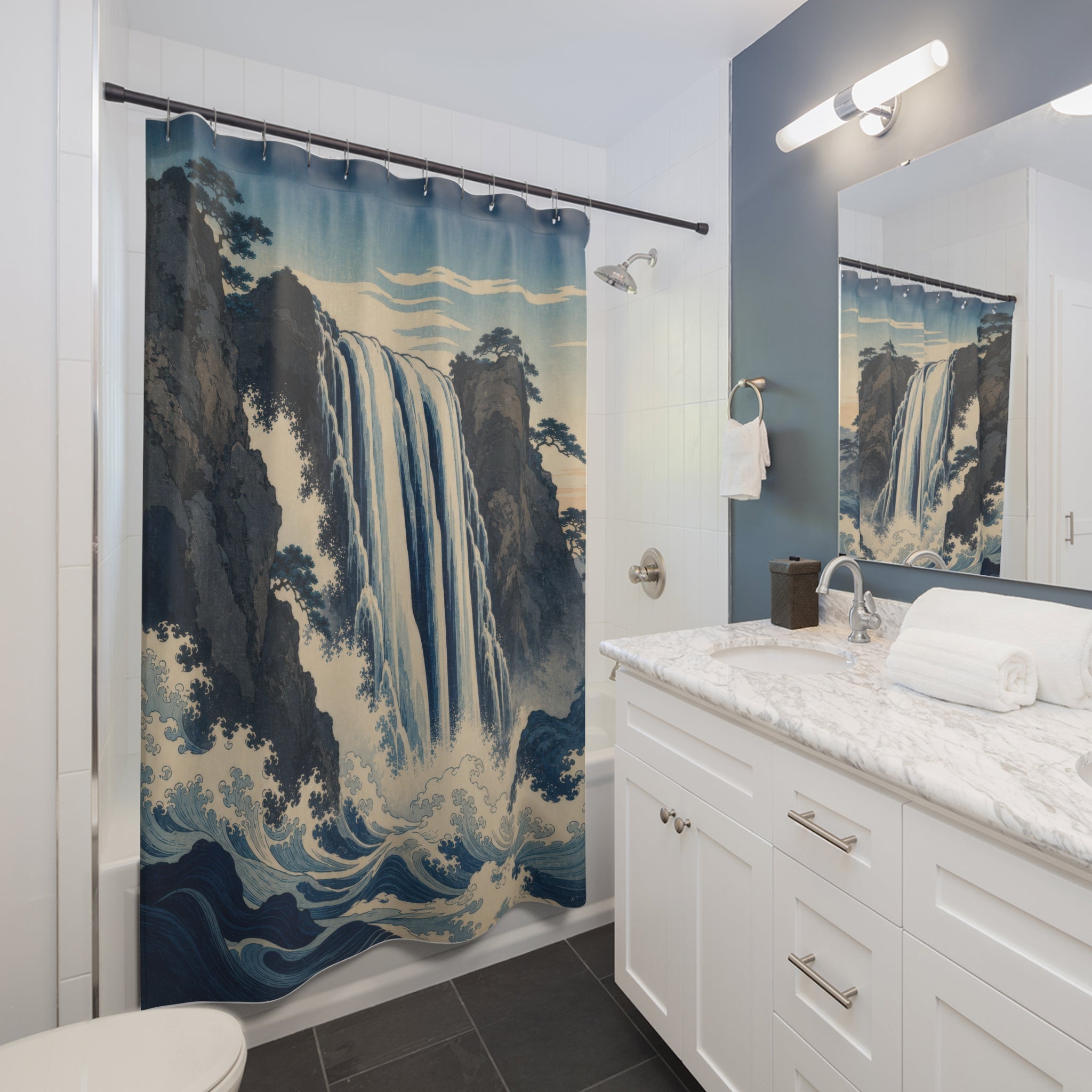 Japanese Blue Landscape Print Shower Curtain