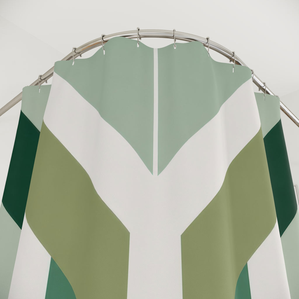 Green Stripe Shower Curtain, White Chevron Bath Decor, Sage Geometric Pattern, Modern Guest Bathroom Decor, Angled Green Style Decor
