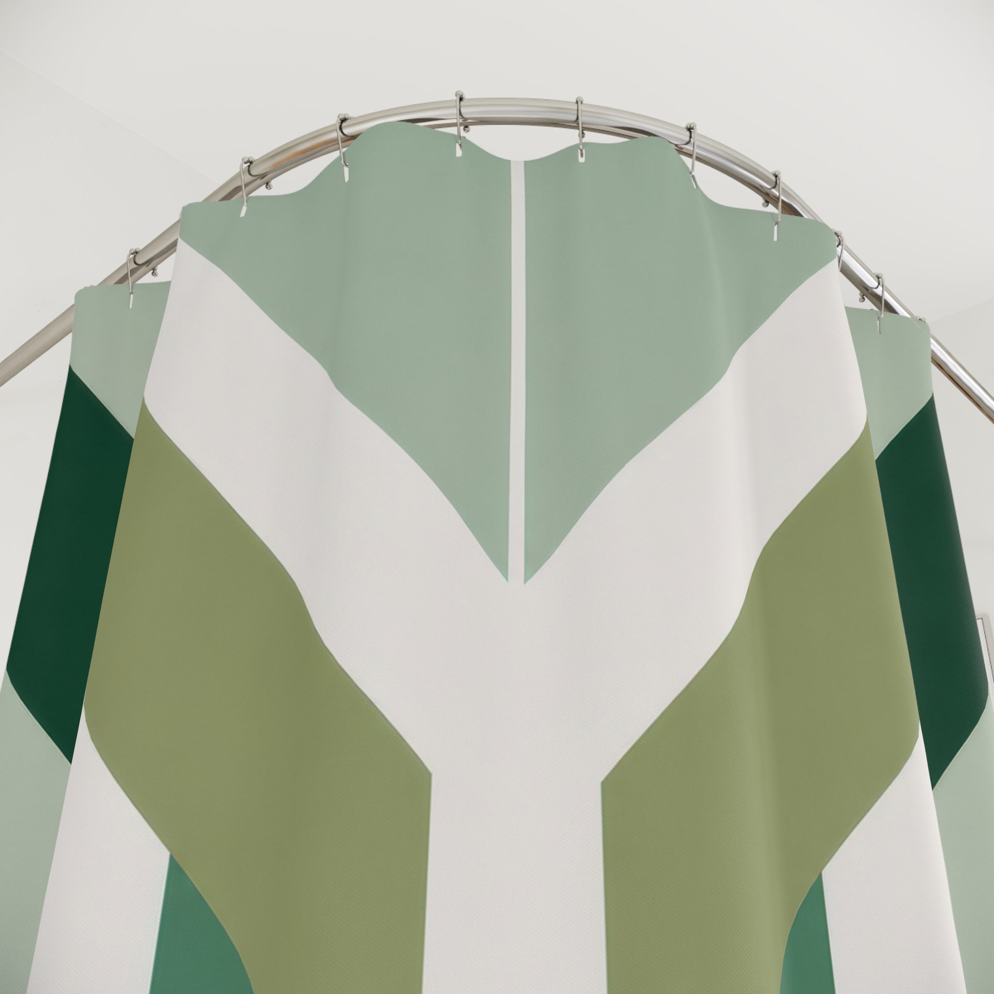 Green Stripe Shower Curtain, White Chevron Bath Decor, Sage Geometric Pattern, Modern Guest Bathroom Decor, Angled Green Style Decor