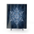 Single ice blue snowflake on a clouded navy background shower curtain with full front view