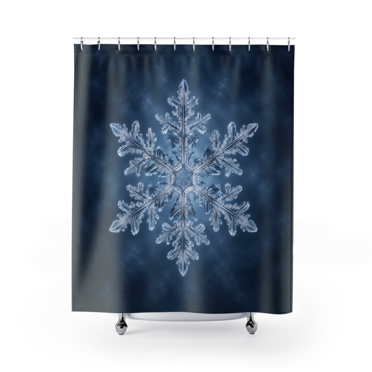 Single ice blue snowflake on a clouded navy background shower curtain with full front view