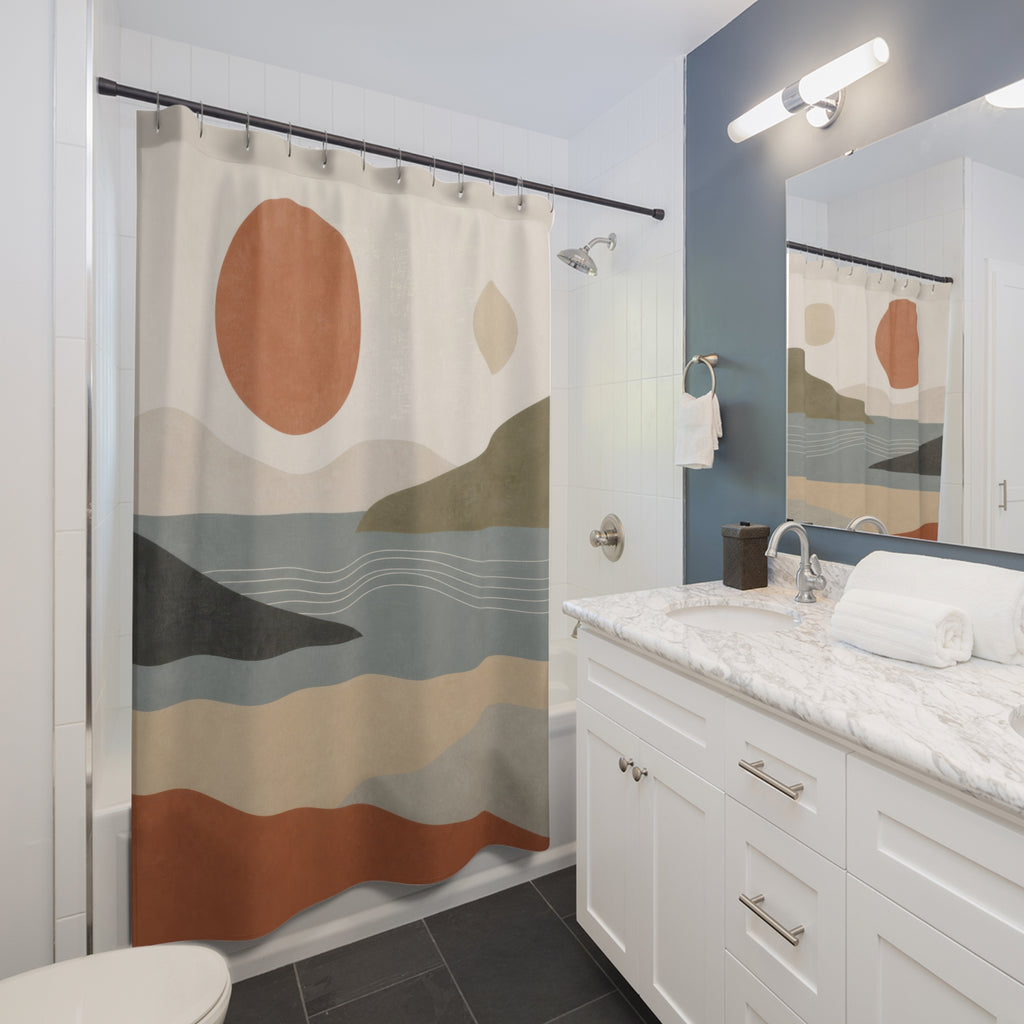 Abstract Landscape Shower Curtain, Terracotta Sage Blue Hills and Sun, Modern Art Decor, Calm Nature Bathroom Style, Scenic Bath Decor