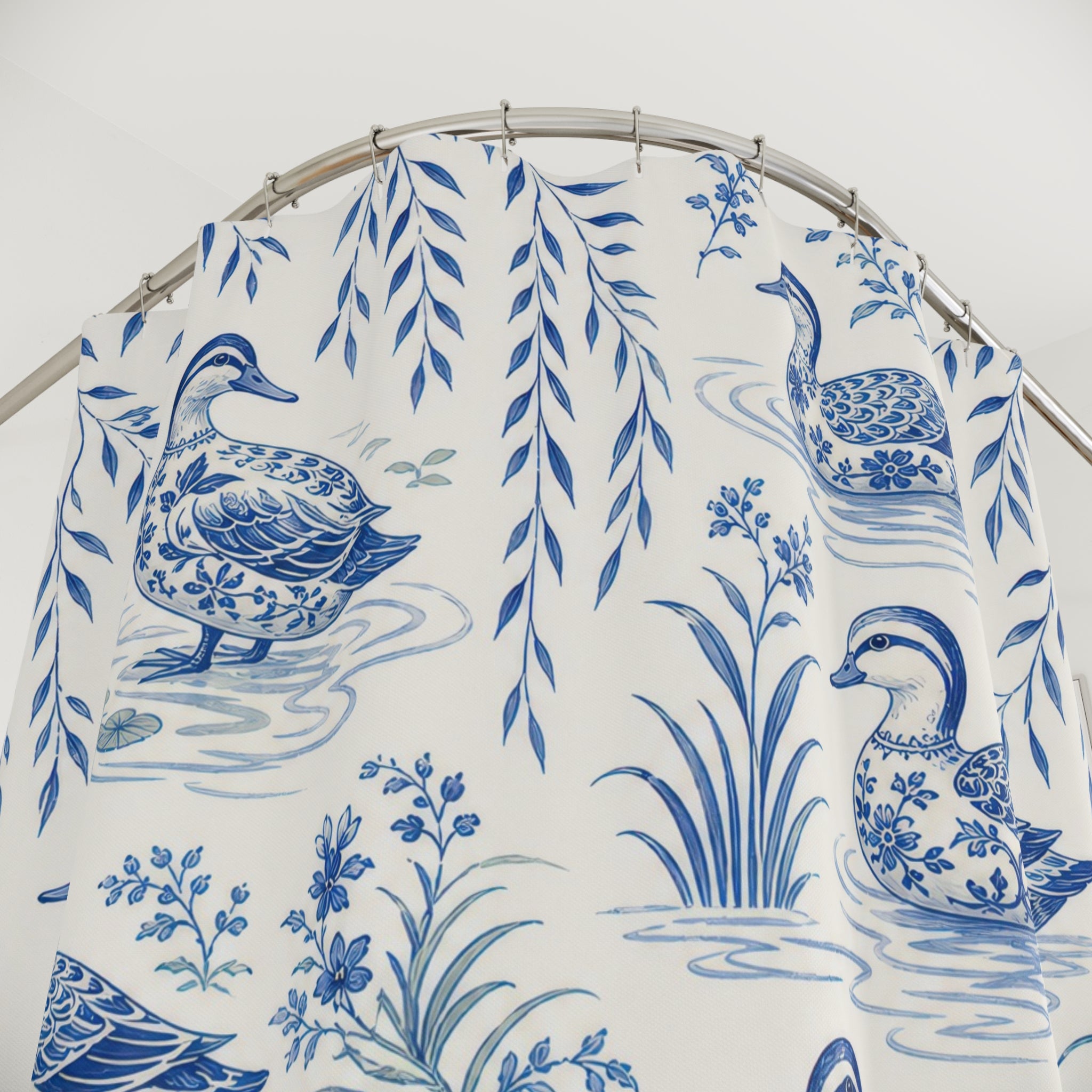 Blue White Toile Duck Shower Curtain
