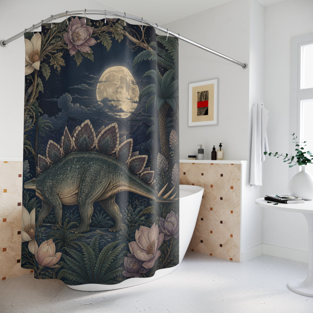 Moonlit stegosaurus among blue leaves and pale flowers shower curtain beside a freestanding tub