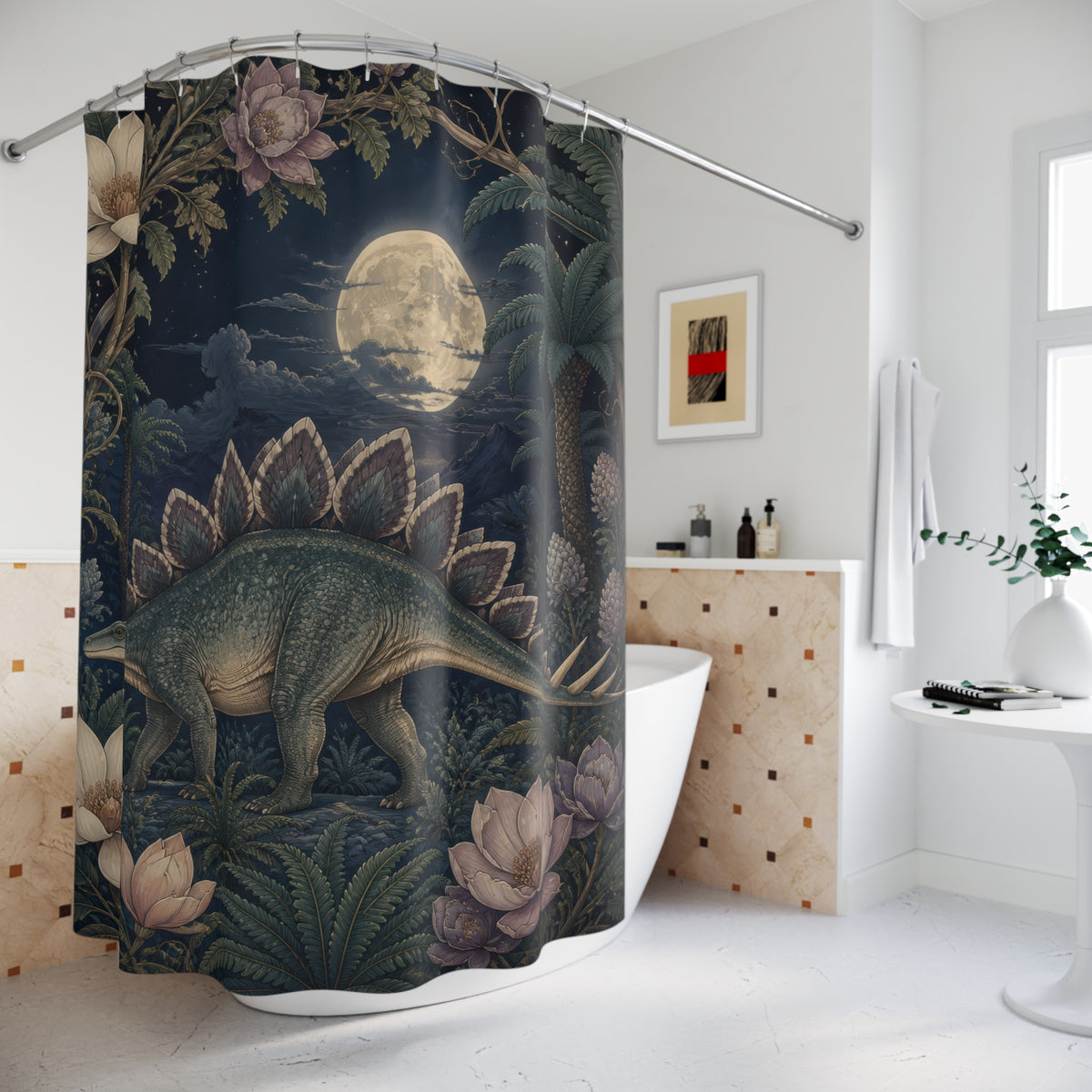 Moonlit stegosaurus among blue leaves and pale flowers shower curtain beside a freestanding tub