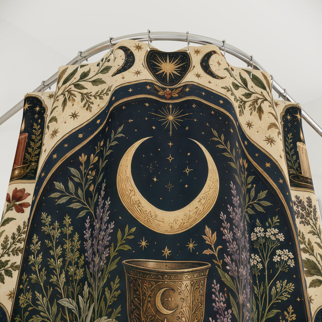 Wiccan celestial altar with moon phases chalice and crystals shower curtain with close-up print, hooks, and folds