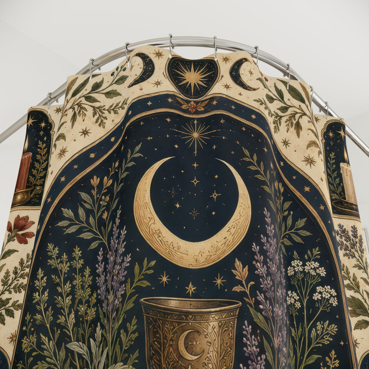 Wiccan celestial altar with moon phases chalice and crystals shower curtain with close-up print, hooks, and folds