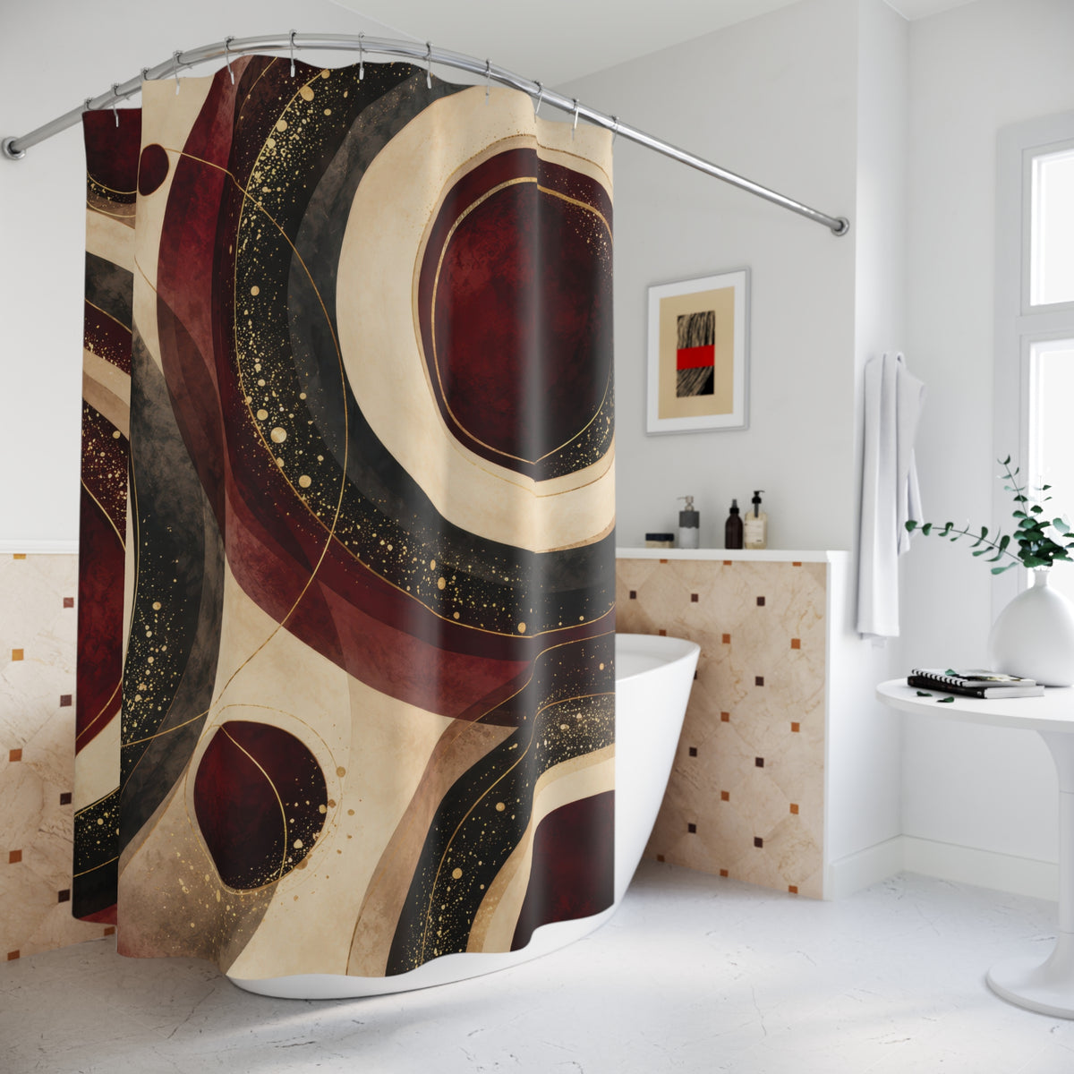 Burgundy circles with cream bands and gold-colored flecks shower curtain beside a freestanding tub