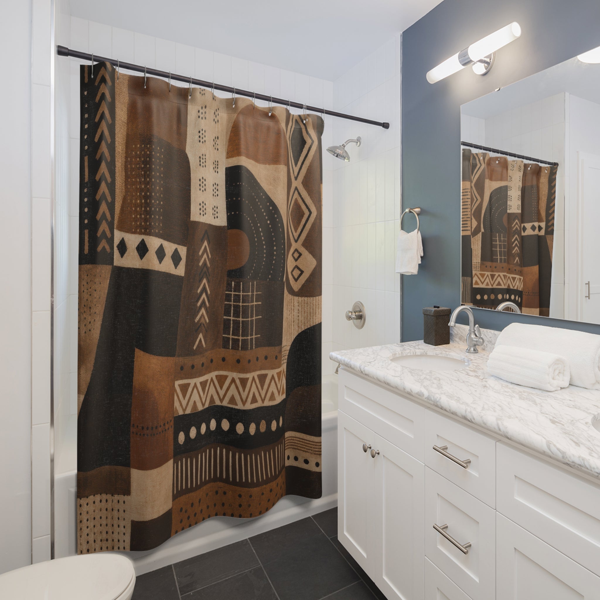 Boho Shower Curtain, Black Brown Western Bath Decor, Cream Tan Patchwork Pattern, Warm Southwestern Neutral Guest Bathroom Decor Style