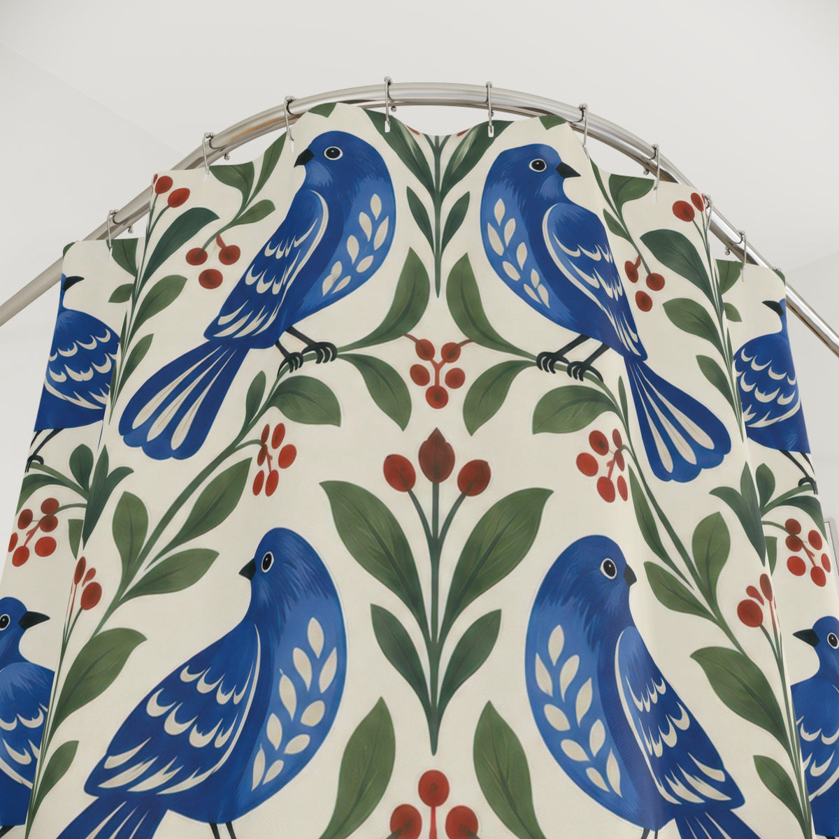 Cobalt birds, green leaves and red berries on ivory shower curtain with close-up print, hooks, and folds