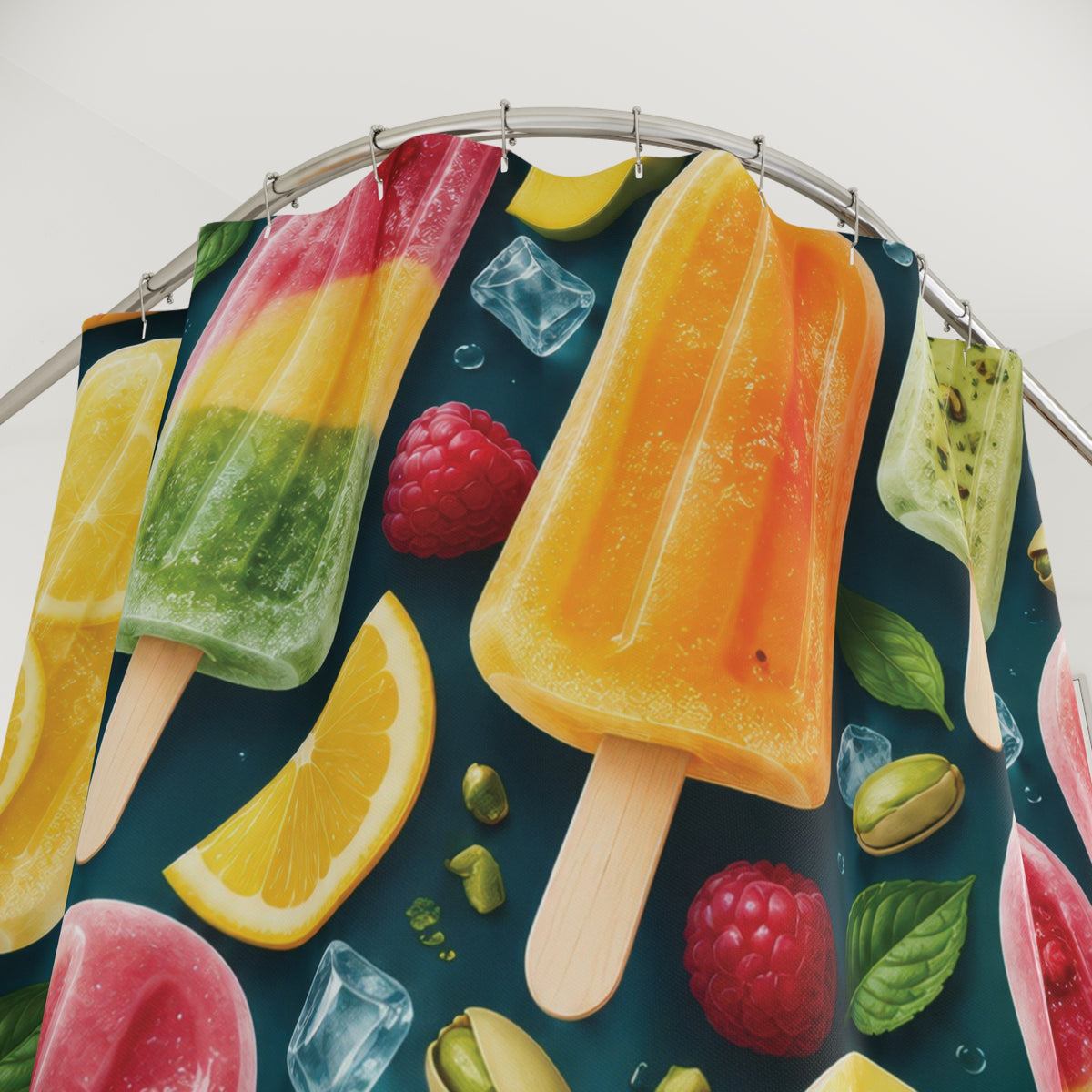 Pink, yellow and green ice pops with fruit on deep teal shower curtain with close-up print, hooks, and folds