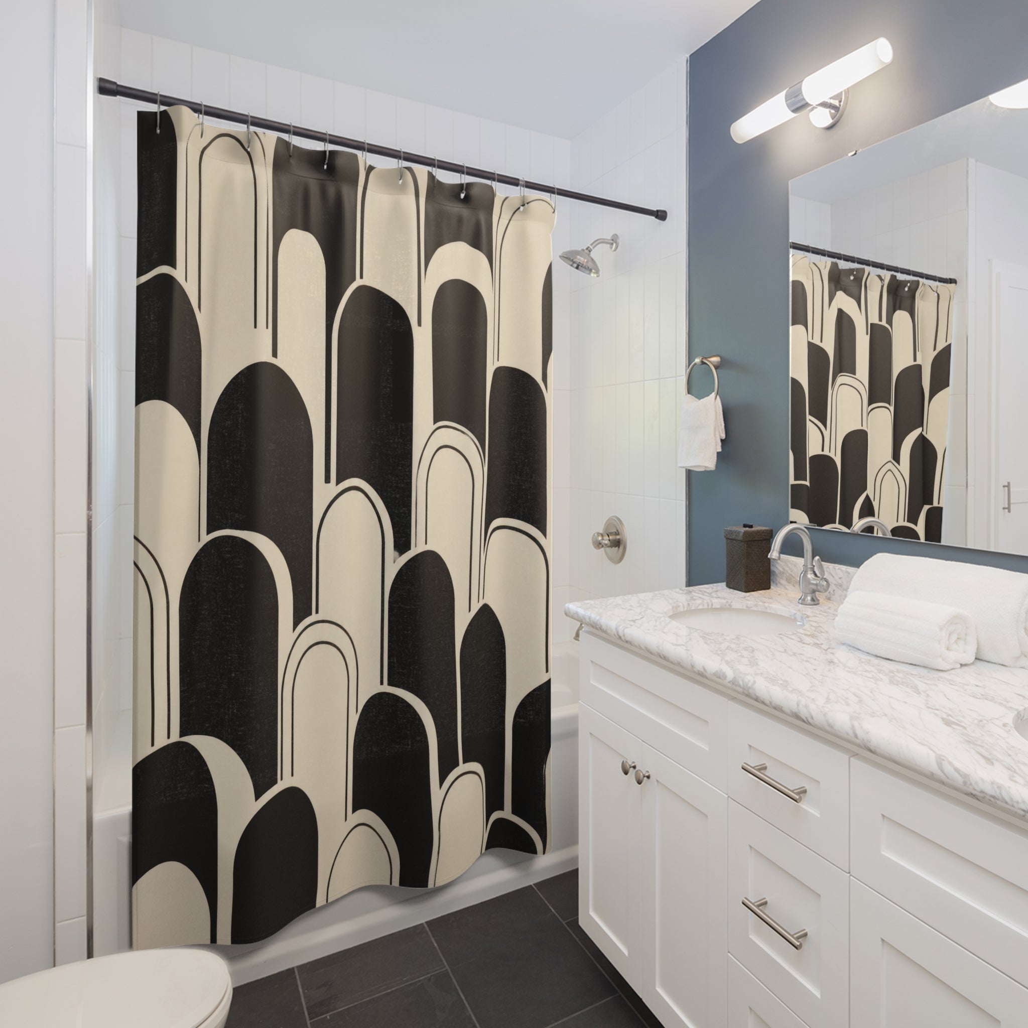 Black Cream Rounded Arch Shower Curtain