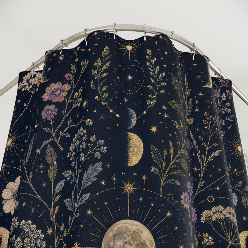 Celestial Botanical Shower Curtain, Navy Moon Bathroom Decor, Dark Floral Bath Curtain, Moody Guest Bathroom Decor, Gold Bath Decor