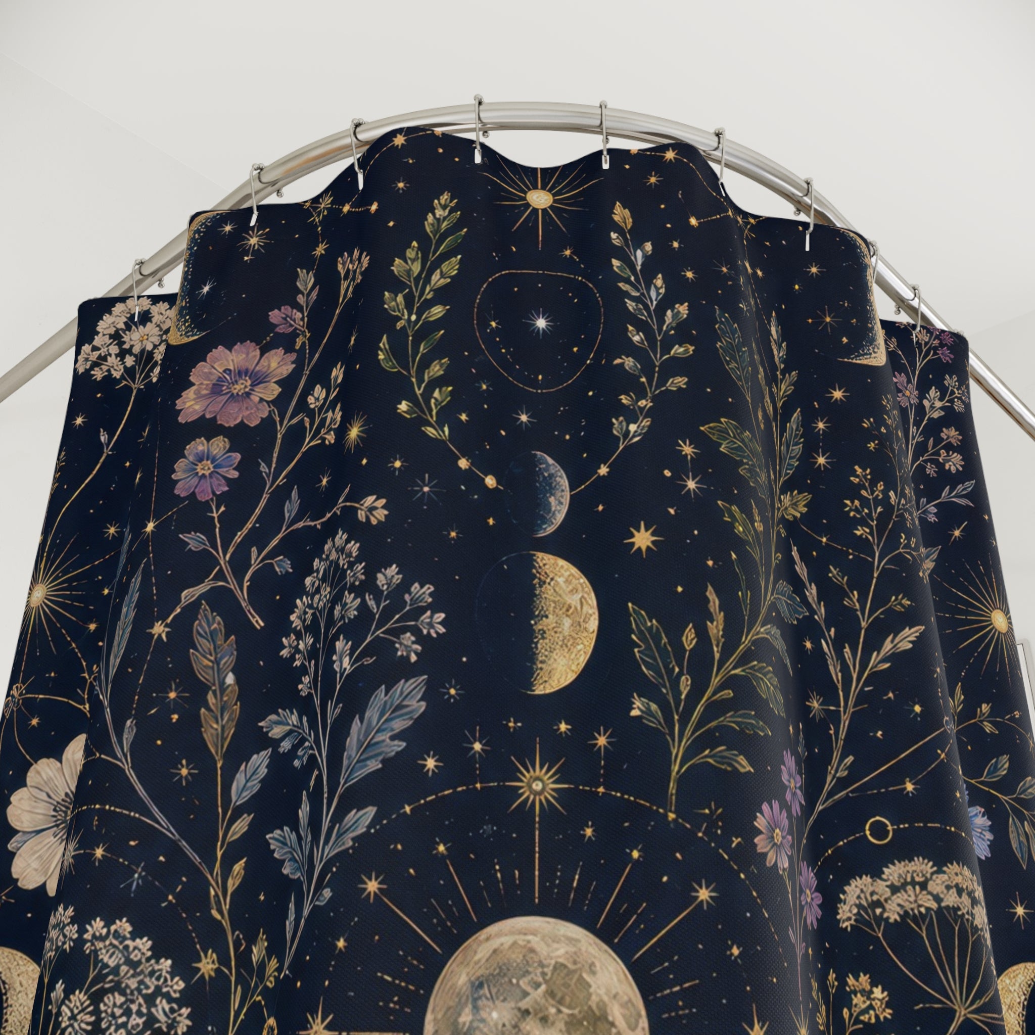 Celestial Botanical Shower Curtain, Navy Moon Bathroom Decor, Dark Floral Bath Curtain, Moody Guest Bathroom Decor, Gold Bath Decor
