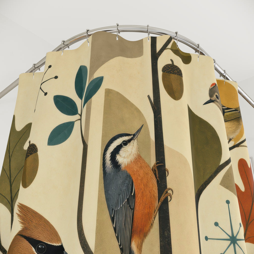 Cedar waxwing nuthatch and kinglet in a retro grove shower curtain with close-up print, hooks, and folds