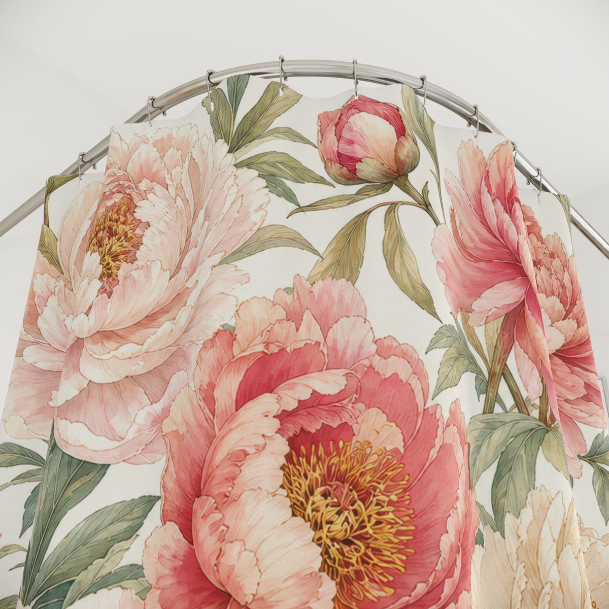Pink Cream Floral Botanical peony shower curtain with close-up print, hooks, and folds