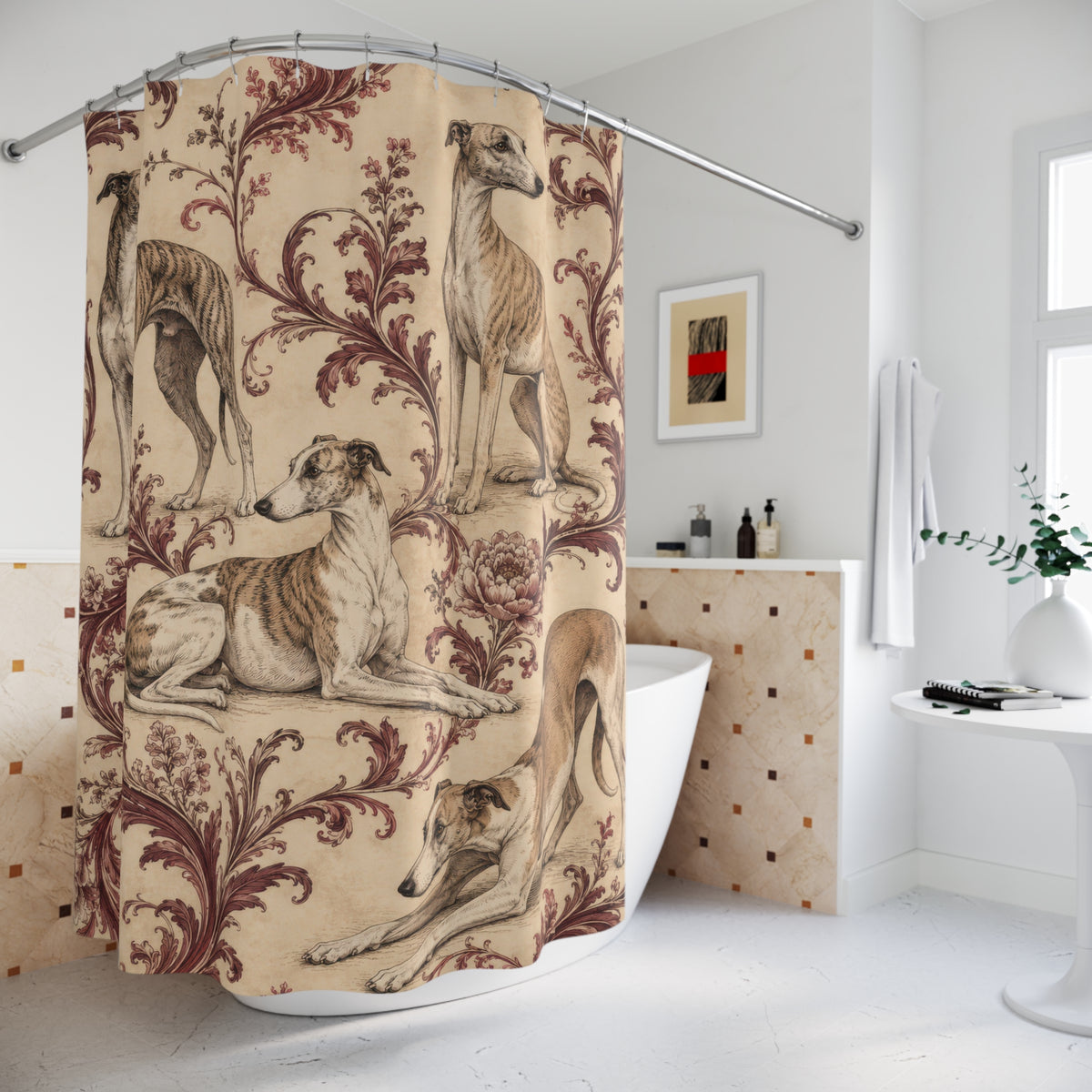 Whippets among burgundy ornamental foliage shower curtain beside a freestanding tub