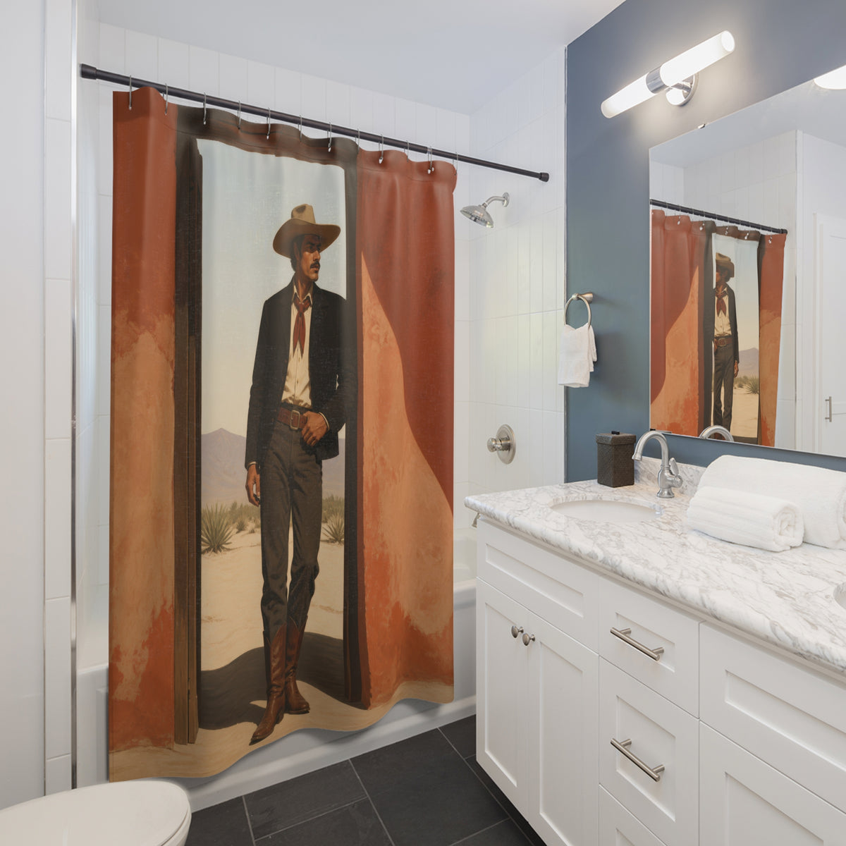 Full-length cowboy standing in a sunlit adobe doorway shower curtain beside a white vanity