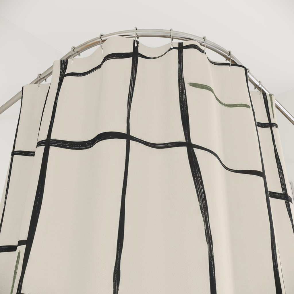 Charcoal irregular grid with sage strokes on ivory shower curtain with close-up print, hooks, and folds
