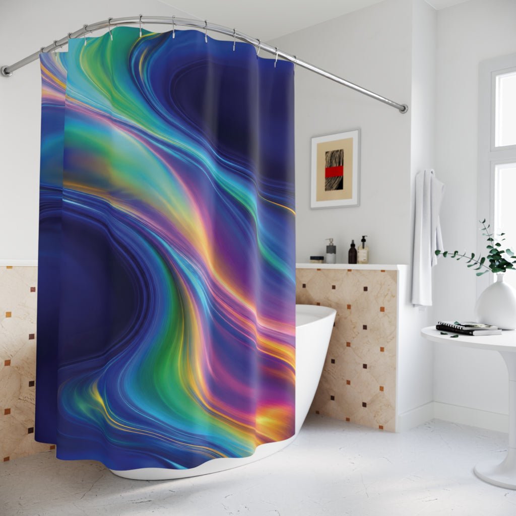 Cyan and magenta iridescent waves across cobalt blue shower curtain beside a freestanding tub