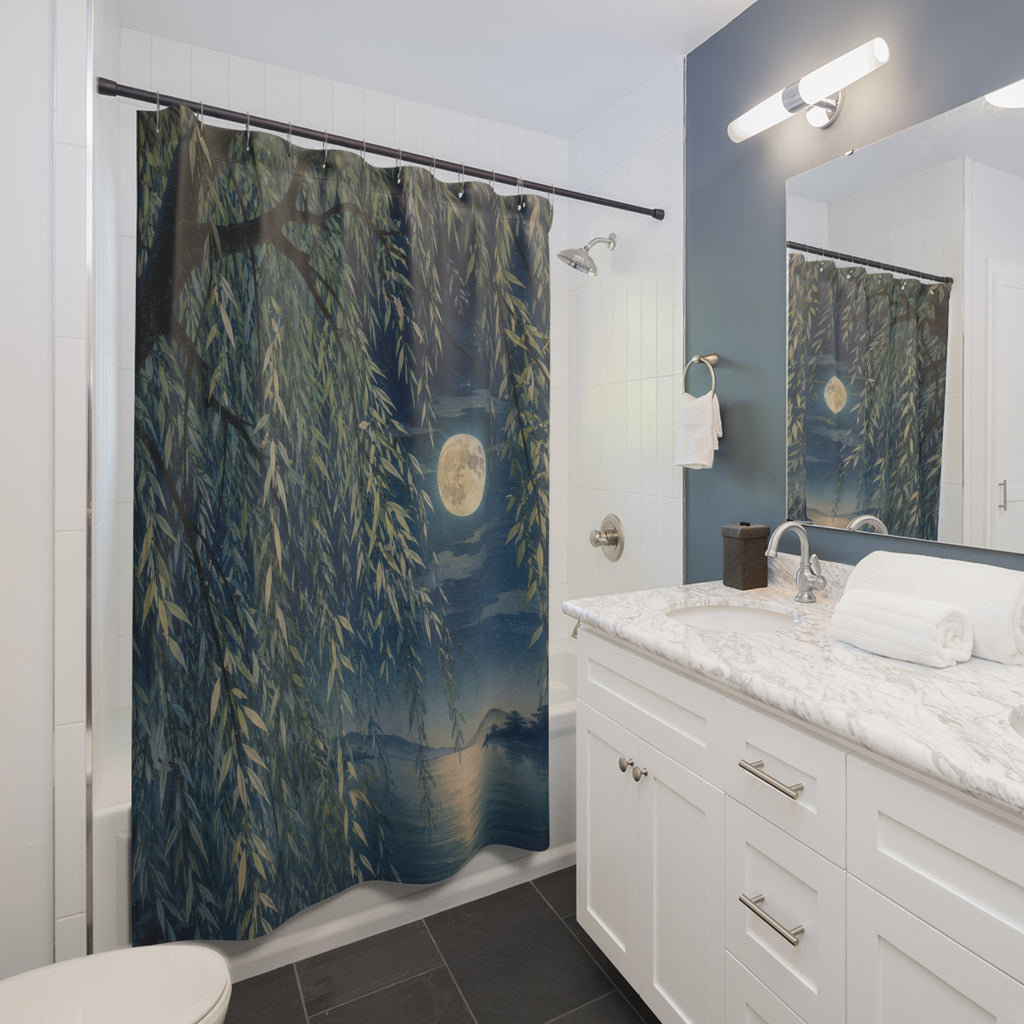 Moonlit weeping willow and lake shower curtain beside a white vanity