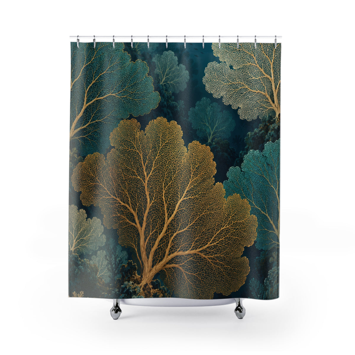 Gold, cream and turquoise sea fan coral in a deep teal reef shower curtain with full front view