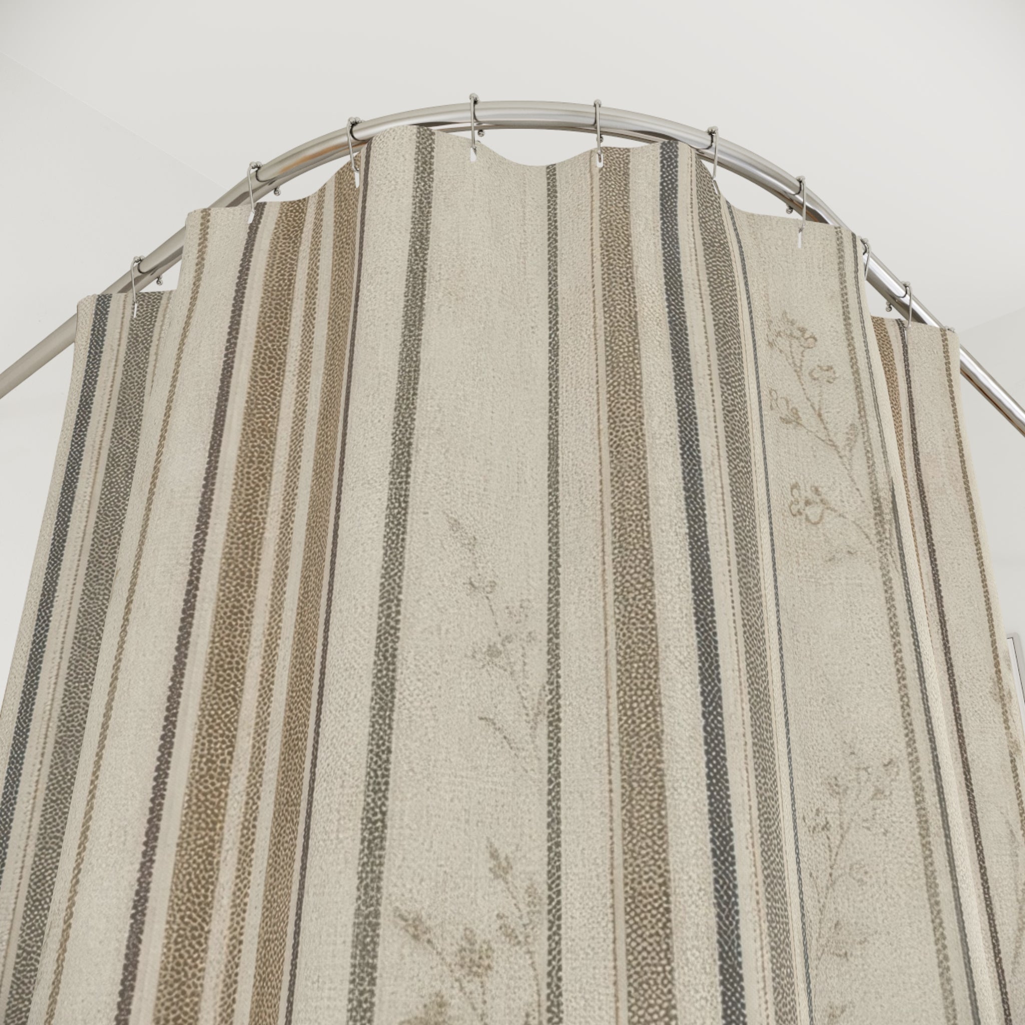 Brown Ticking Stripe Shower Curtain, Subtle Botanical Background