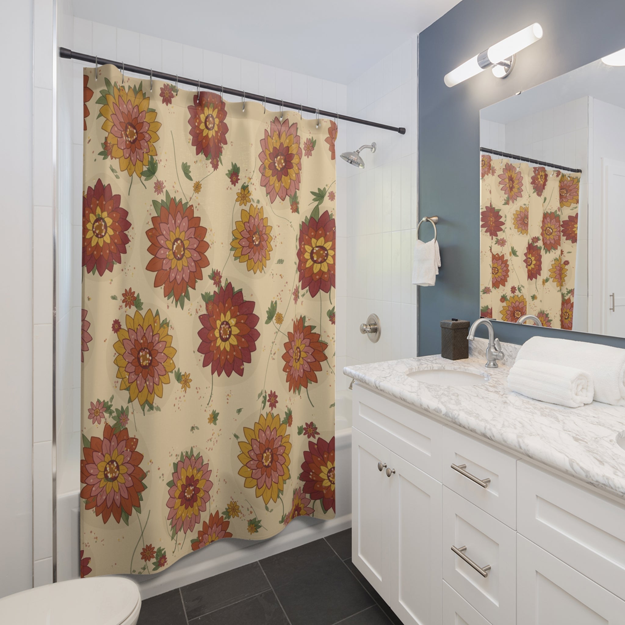 Retro Marigold Shower Curtain – Rust Orange Floral