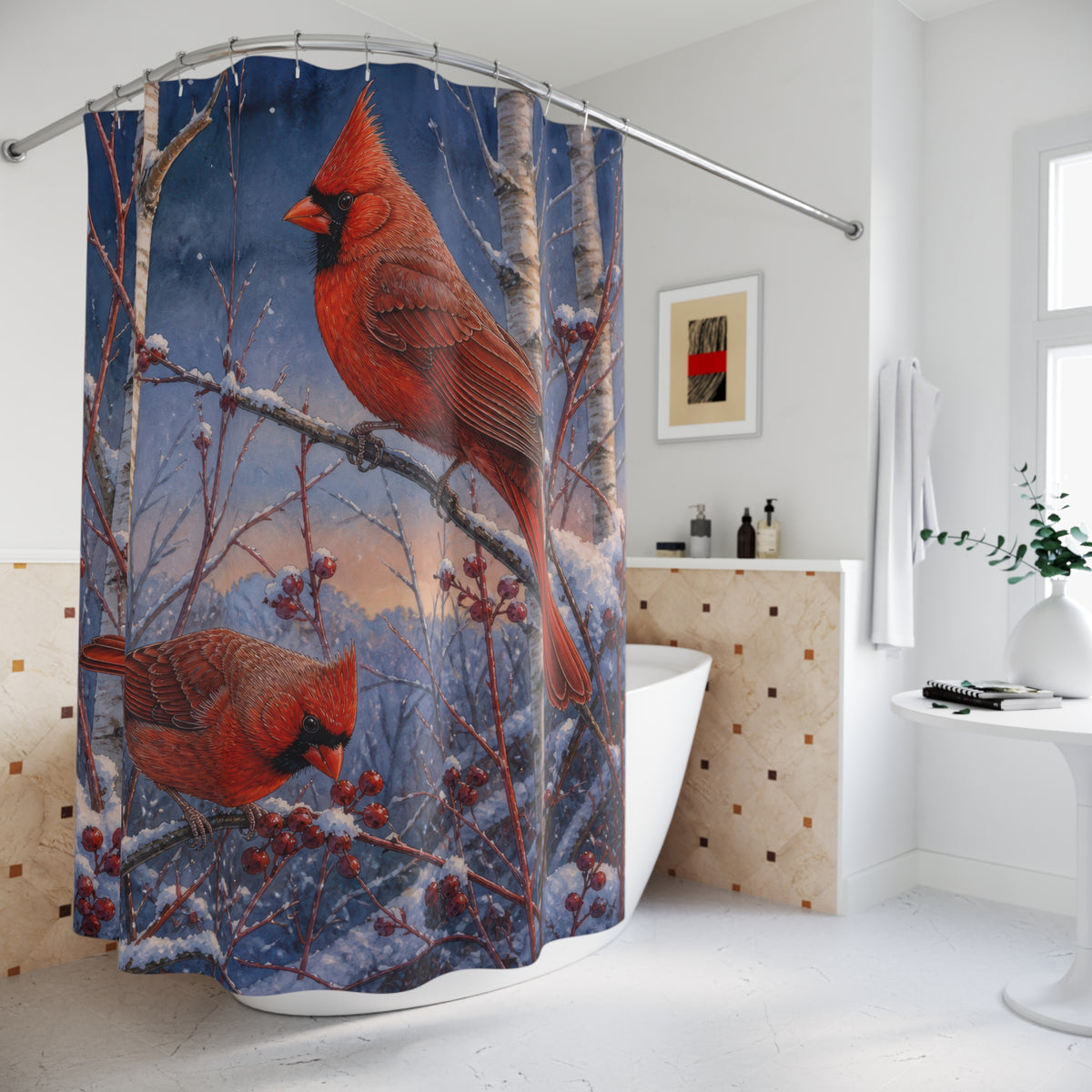 Two cardinals among snowy birches shower curtain beside a freestanding tub