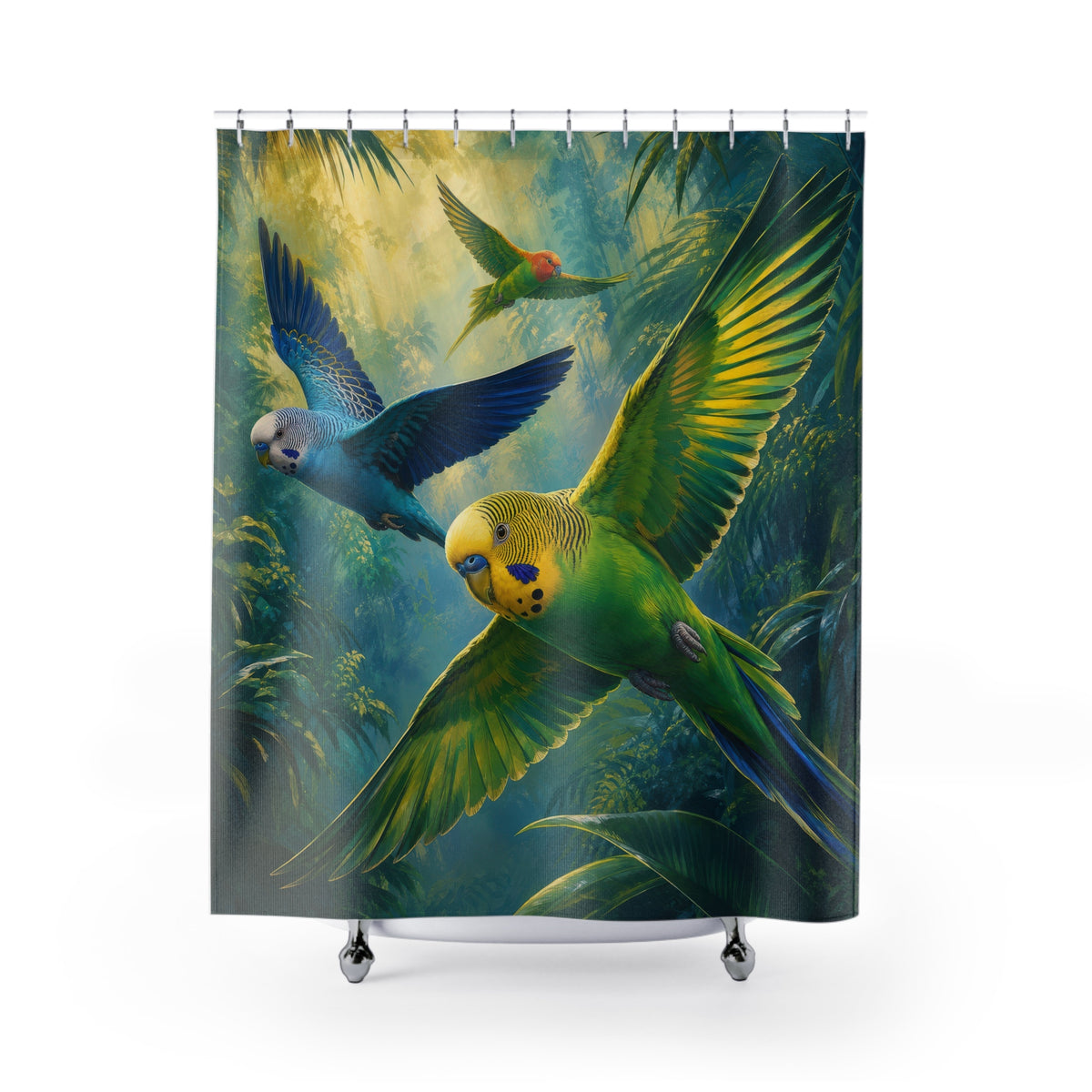 Misty Parakeet Flight shower curtain with full front view