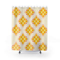 Yellow checker medallions with coral hearts shower curtain with full front view