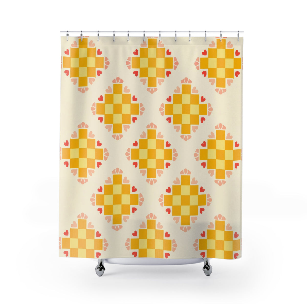 Yellow checker medallions with coral hearts shower curtain with full front view