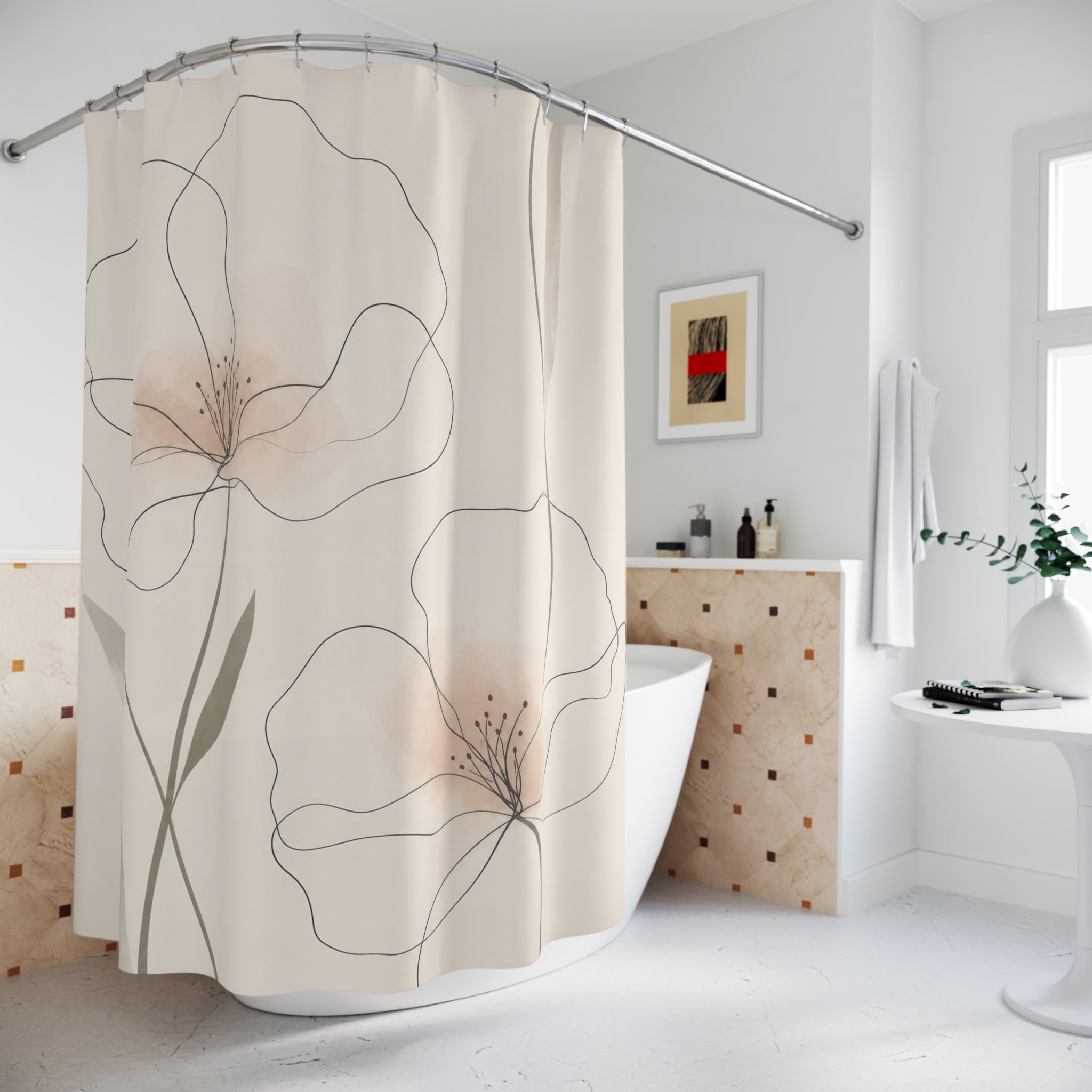 Large White Flower Line Art Shower Curtain