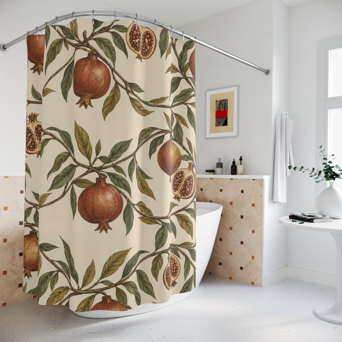 Russet pomegranates and olive leaves on cream shower curtain beside a freestanding tub