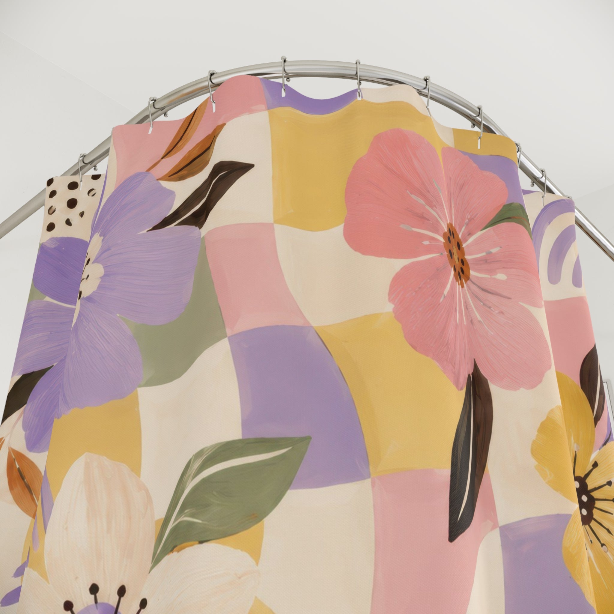Trendy Floral Shower Curtain: Pastel Checkerboard