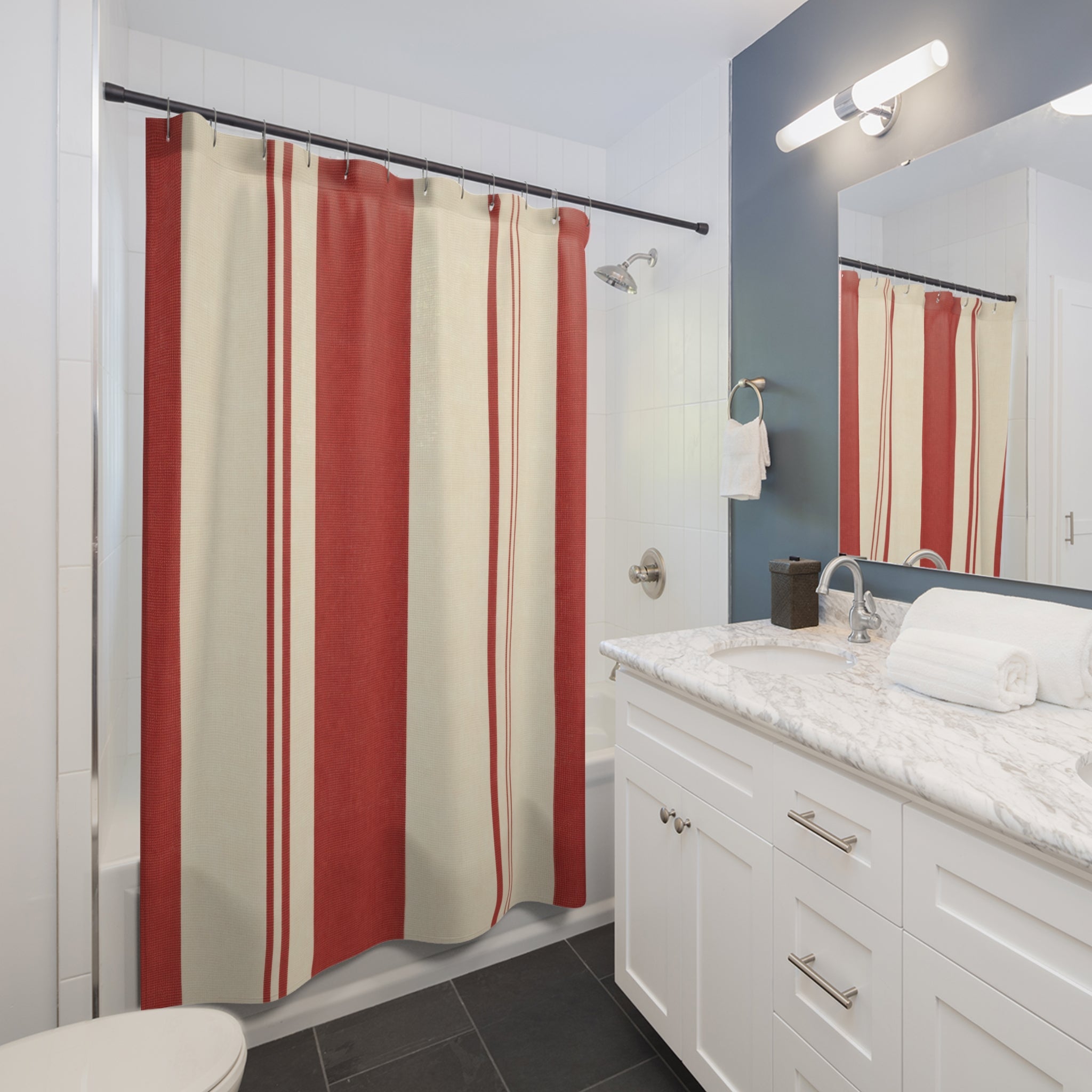 Red and White Resort Stripe Shower Curtain: Asymmetric Cabana