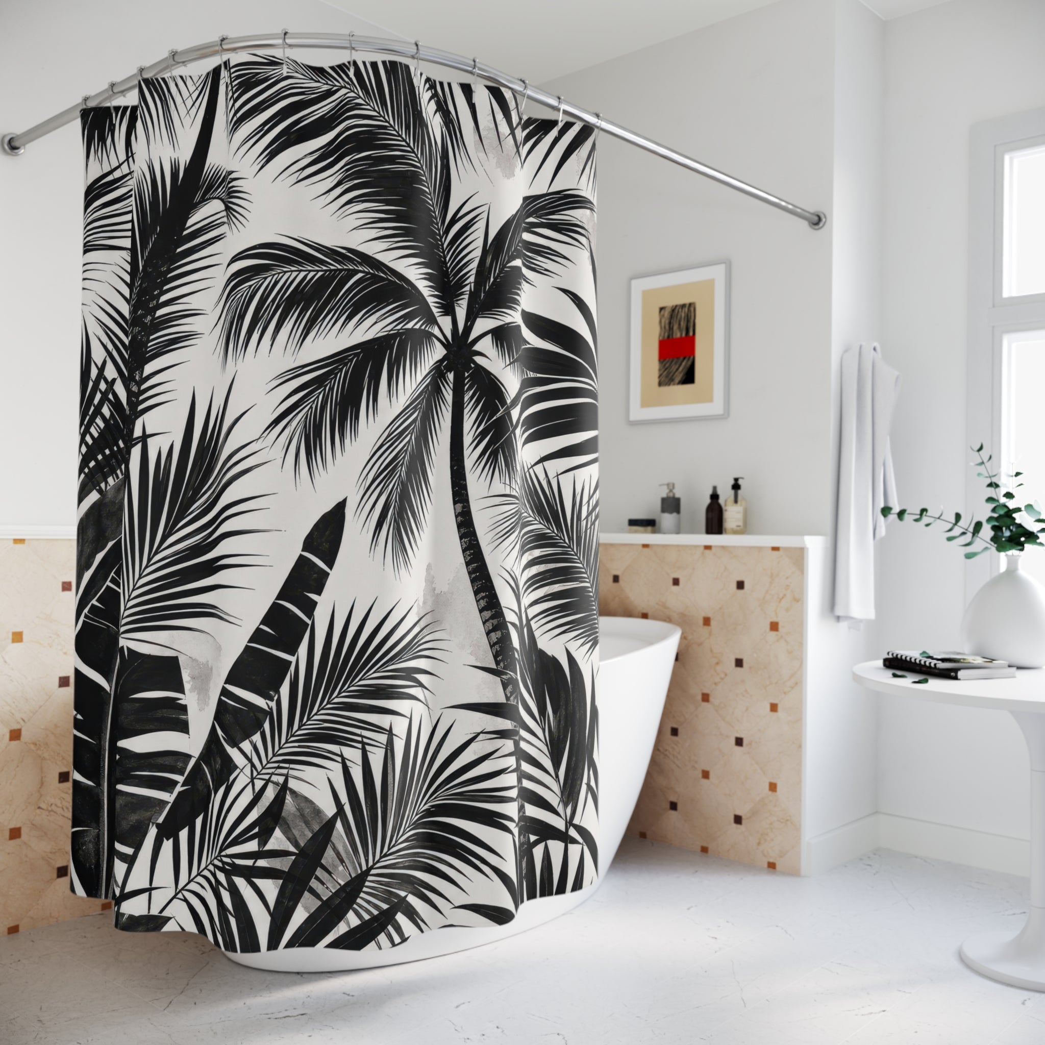 Black White Tropical Tree Shower Curtain