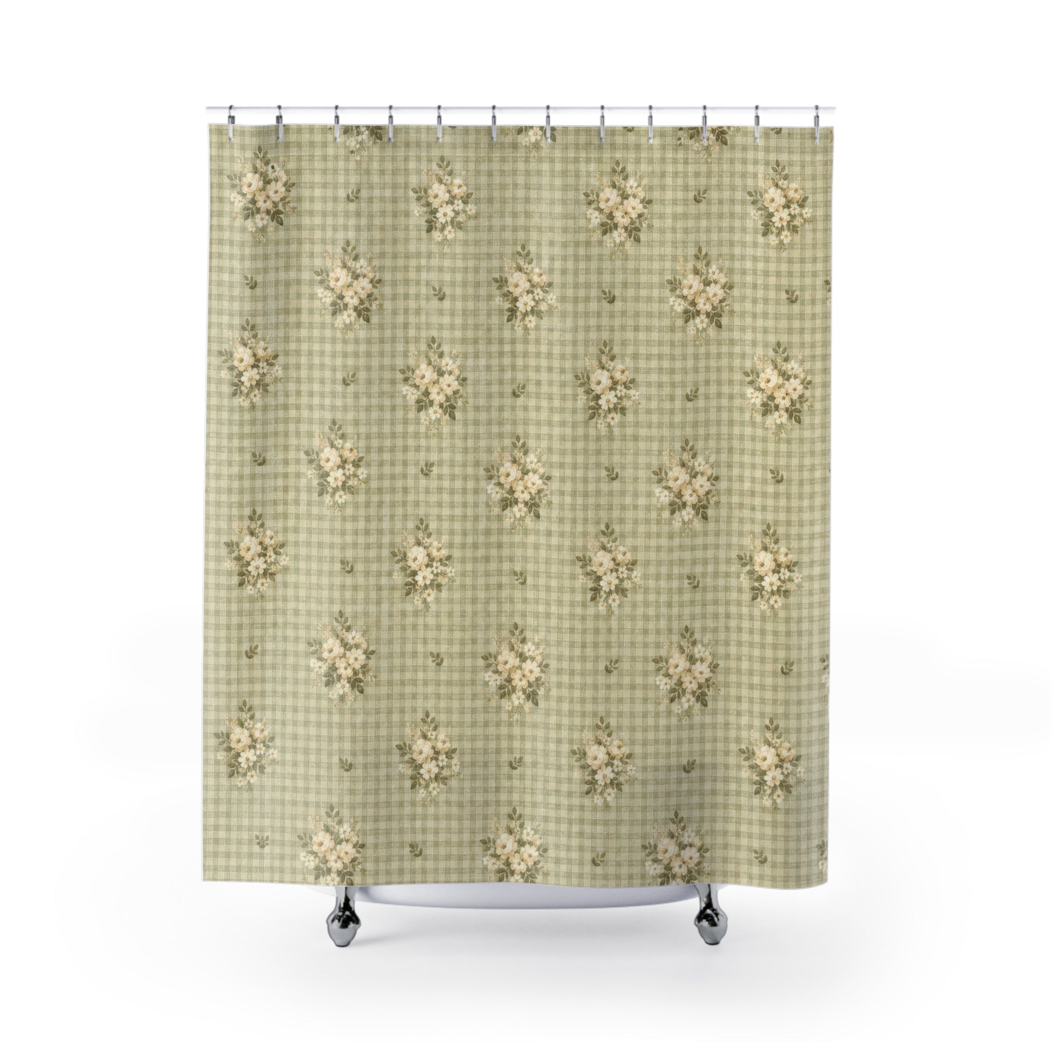 Sage Green Check Daisy Shower Curtain