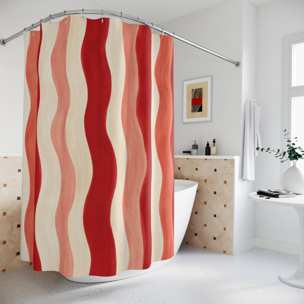 Wavy Red Ribbon Shower Curtain, Red Ivory Modern Bathroom Decor, Modern Stripe Bath Curtain, Guest Bath Decor, Small Bathroom Decor
