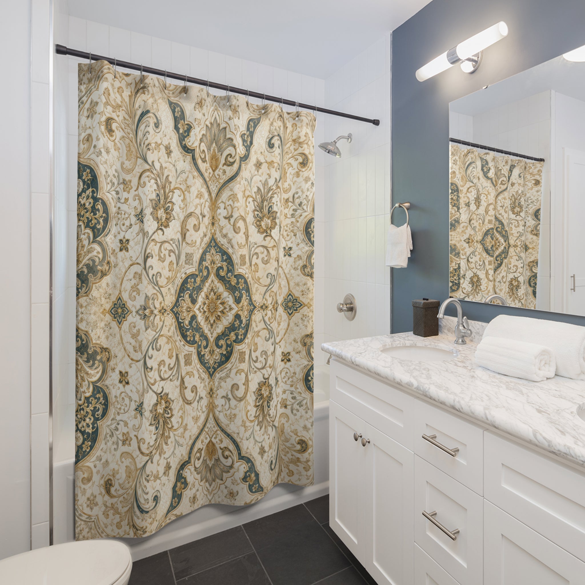 Arabesque Shower Curtain: Ivory Gold Ornament