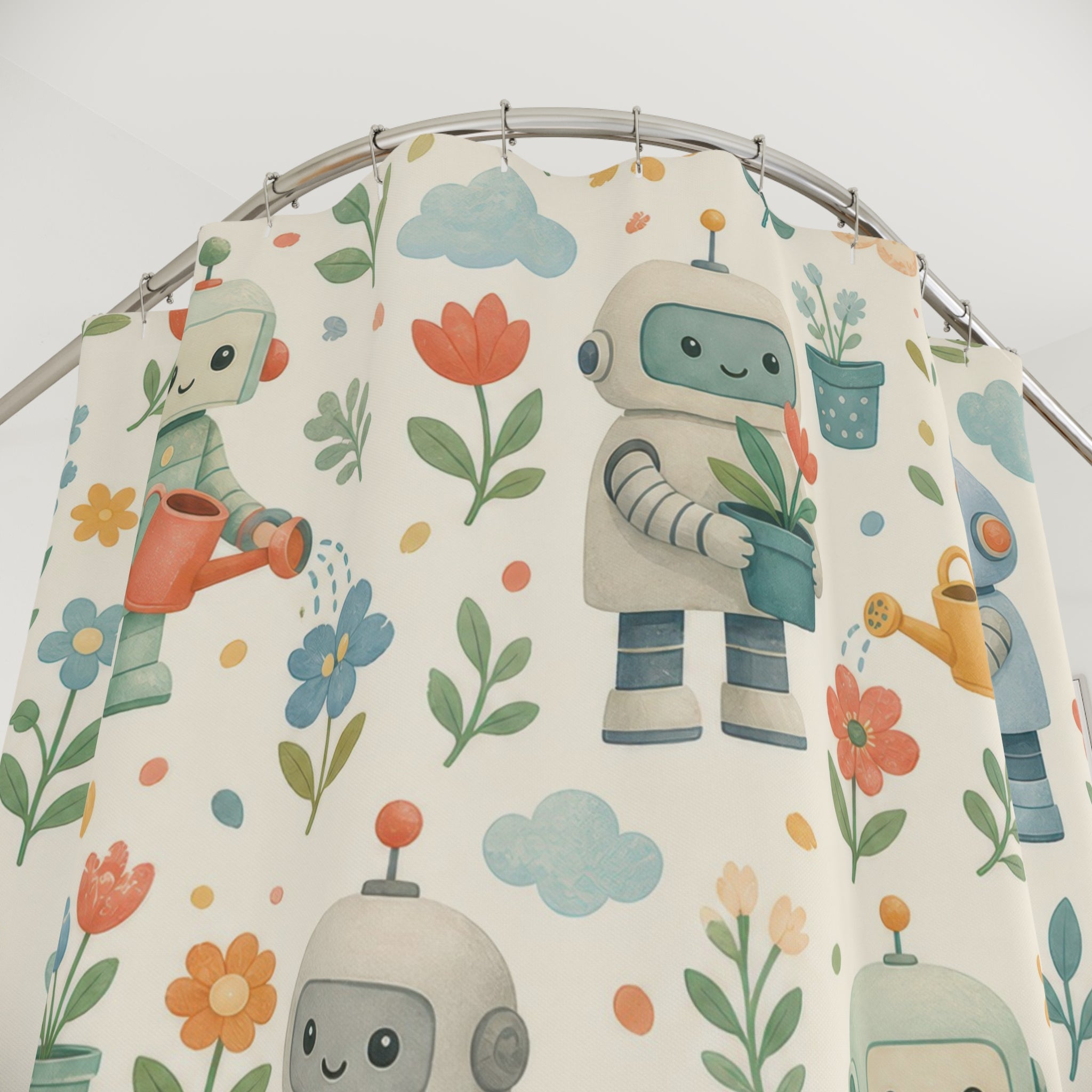 Kids Robot Shower Curtain, Cute Robot Plant Pattern, Kids Science STEM Garden Bathroom Decor, Playroom Wall Decor Guest Bath Wall Gift