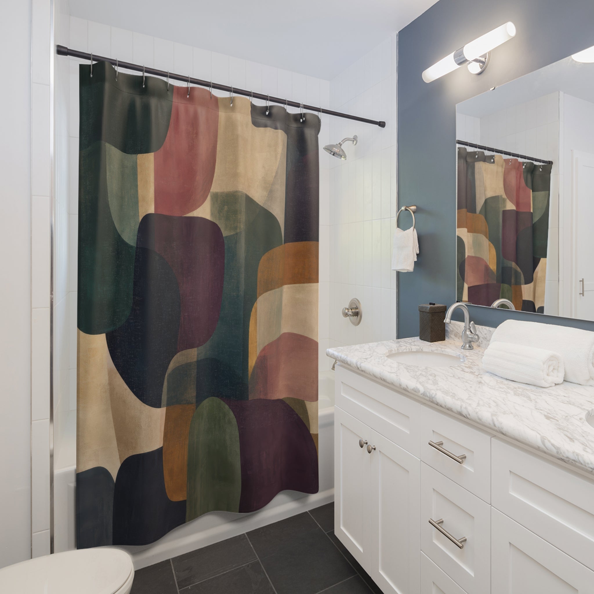 Deep Green Navy Rounded Block Shower Curtain