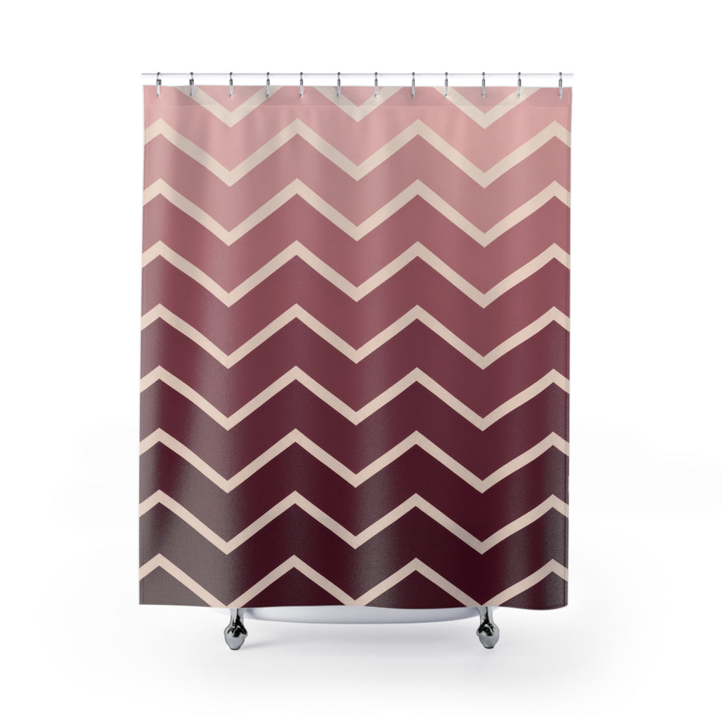 Blush to burgundy ombre chevrons with cream lines shower curtain with full front view