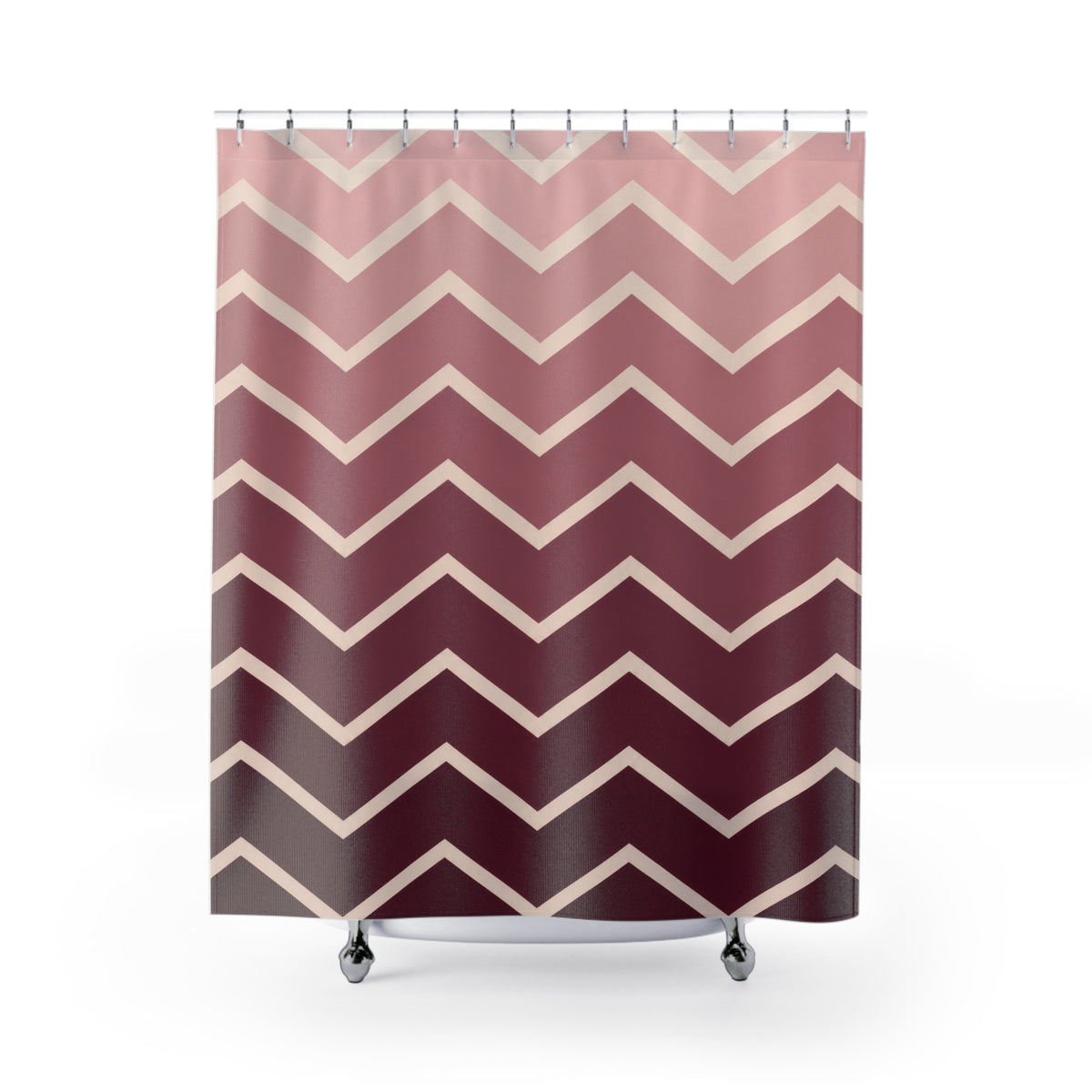 Blush to burgundy ombre chevrons with cream lines shower curtain with full front view