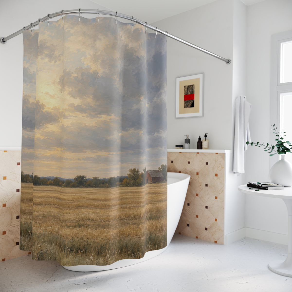 Red barn beyond golden fields shower curtain beside a freestanding tub